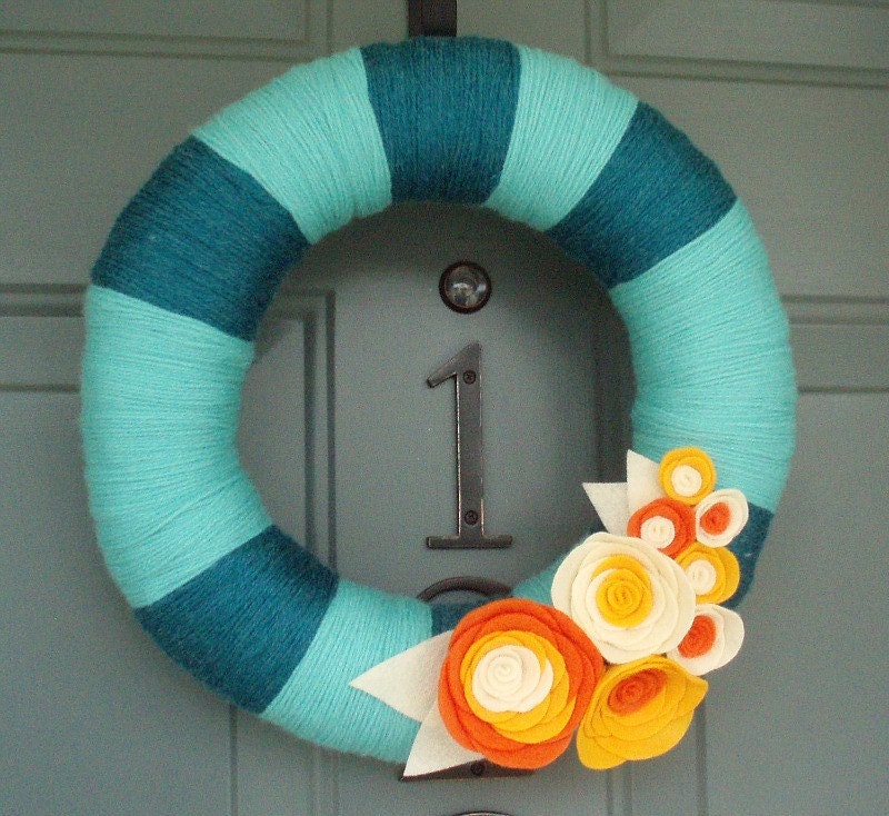 Yarn Wreath Handmade Front Door - Orange And Cream 12in.