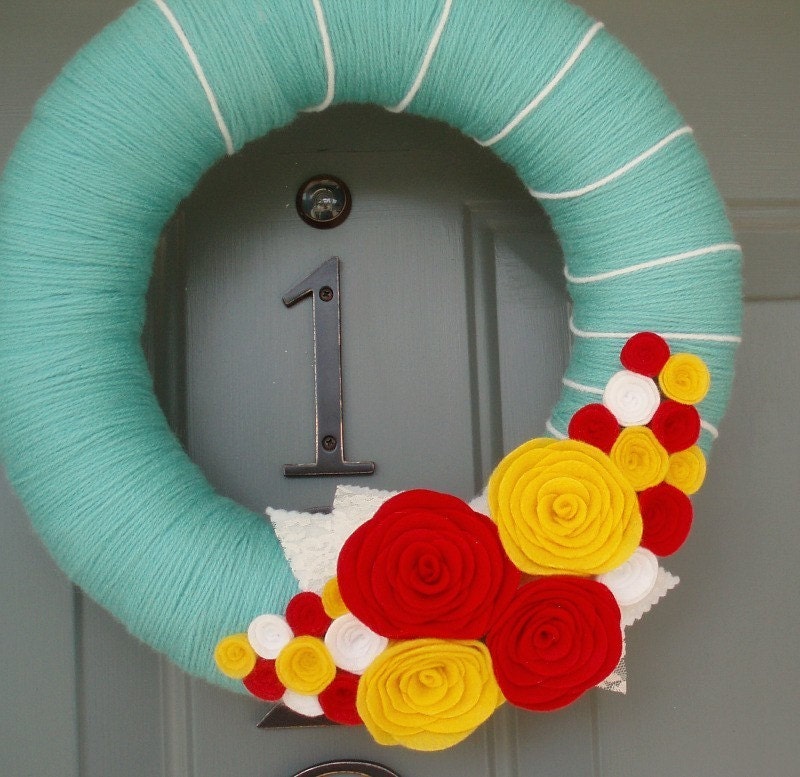 Yarn Wreath Felt Handmade Door Decoration - Bright Blooms 12in