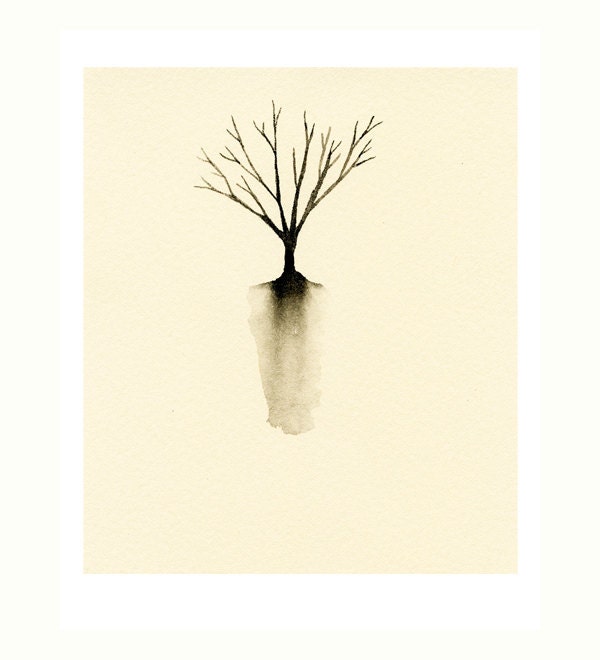 Little Tree Silhouette Art Print of Watercolor Painting - Autumn Tree with Roots - Monochromatic Minimalist Art