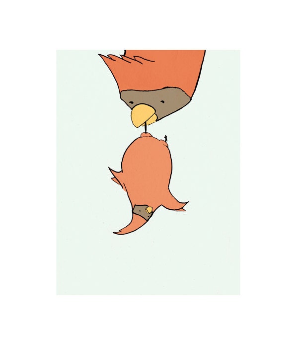Bird Nursery Art - Baby Bird Flying Lesson - Sweet Cardinal Art Print for Children - Original illustration Decor