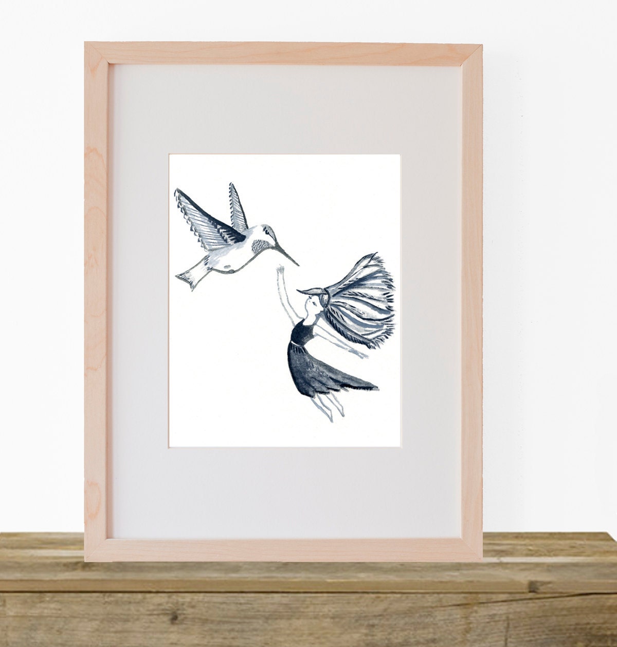 Partners in Flight - Art Print of Original Oil Painting - Girl and Bird Wall Art - Childrens Decor - Nursery Wall Art - Moncoromatic Gray