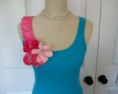 Special Listing Embellished Ruffle Tank Top with Tropical and Roses and Flowers with Pearls on a Turquoise Tank Top