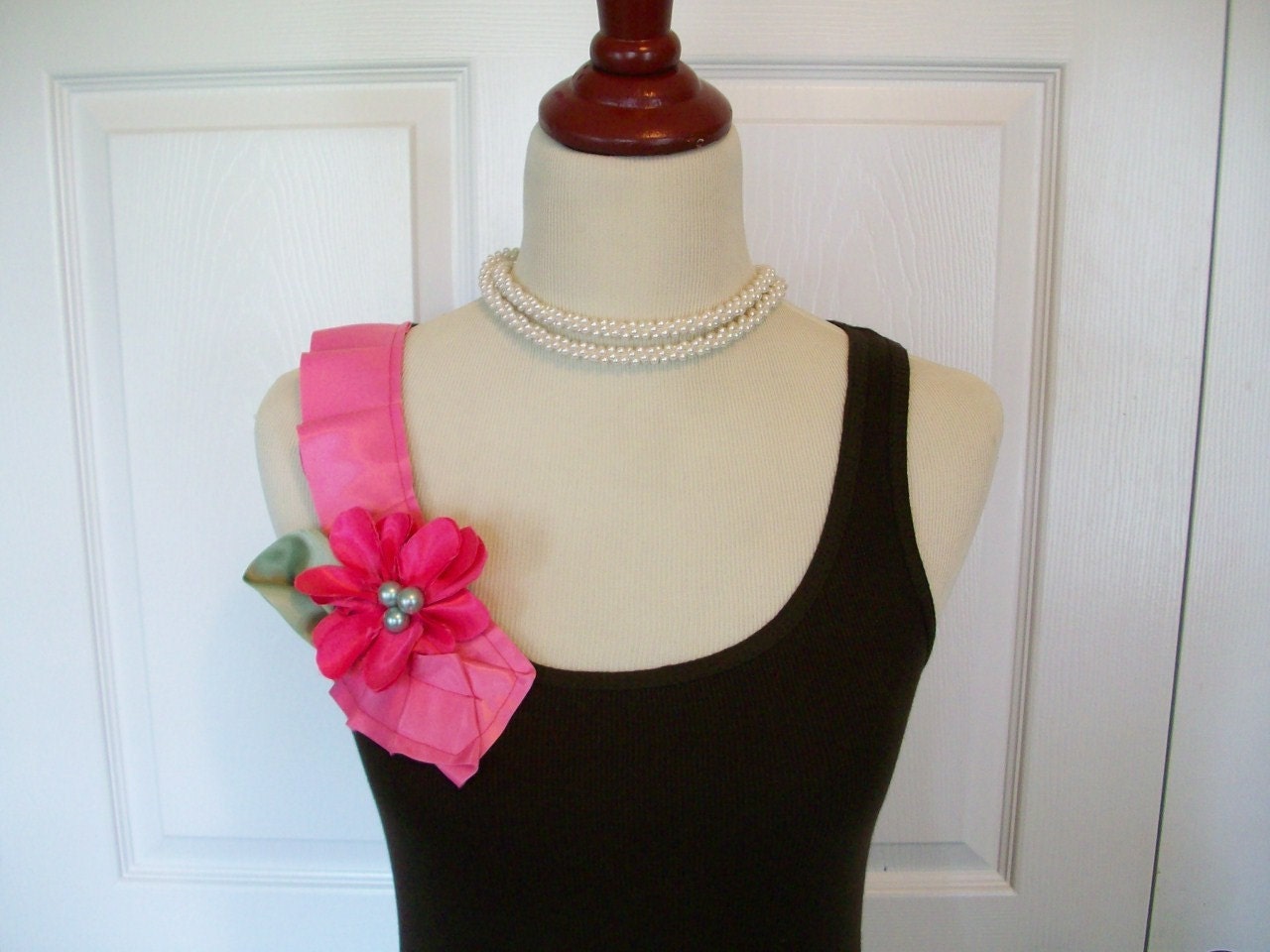 Embellished Tank Top with Pretty Pink Flower and Ruffles on Chocolate Brown