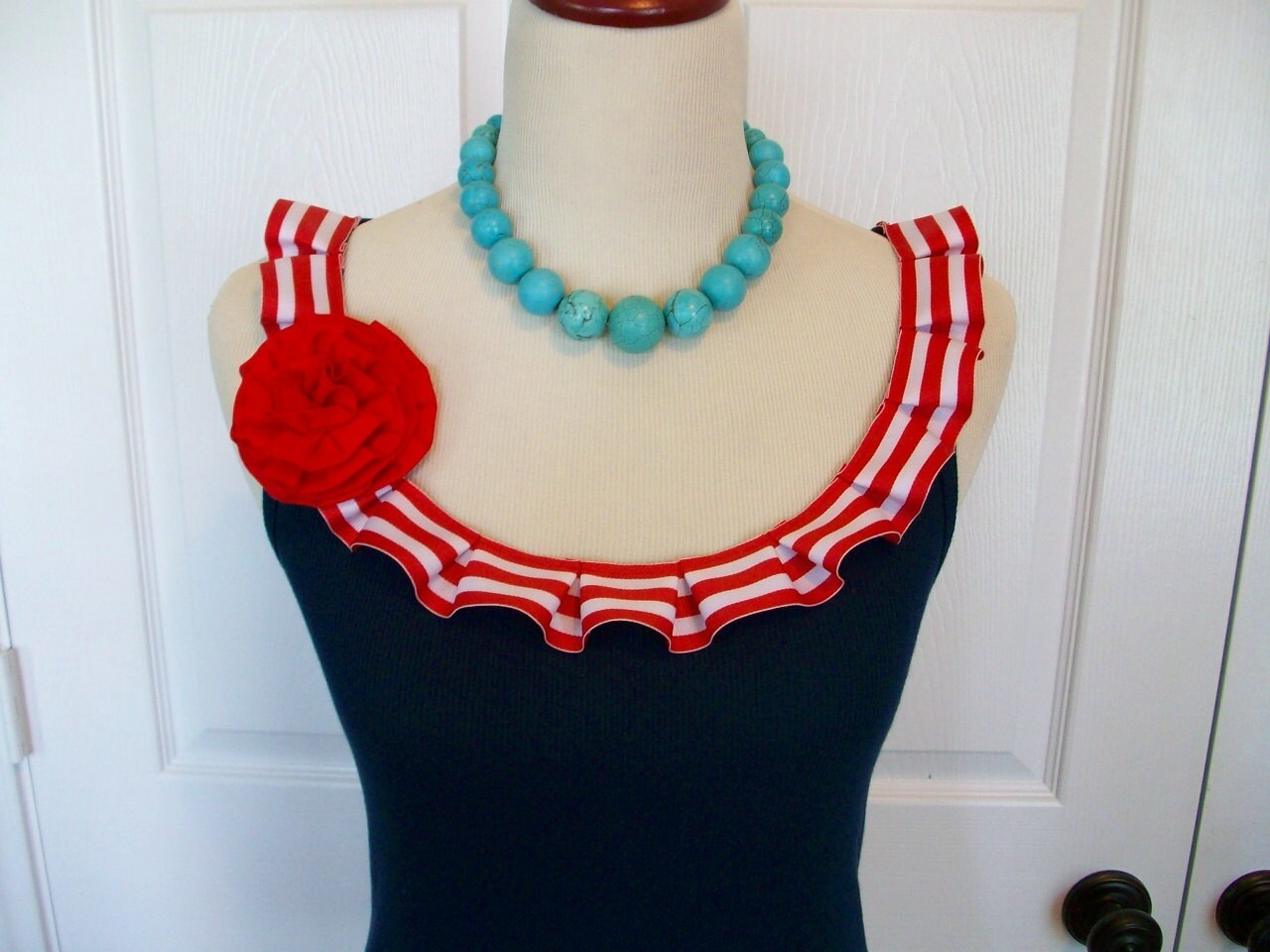 Special Listing Embellished Sailor Tank Top with Red and White Box Pleat Ruffle and Removeable Red Flower