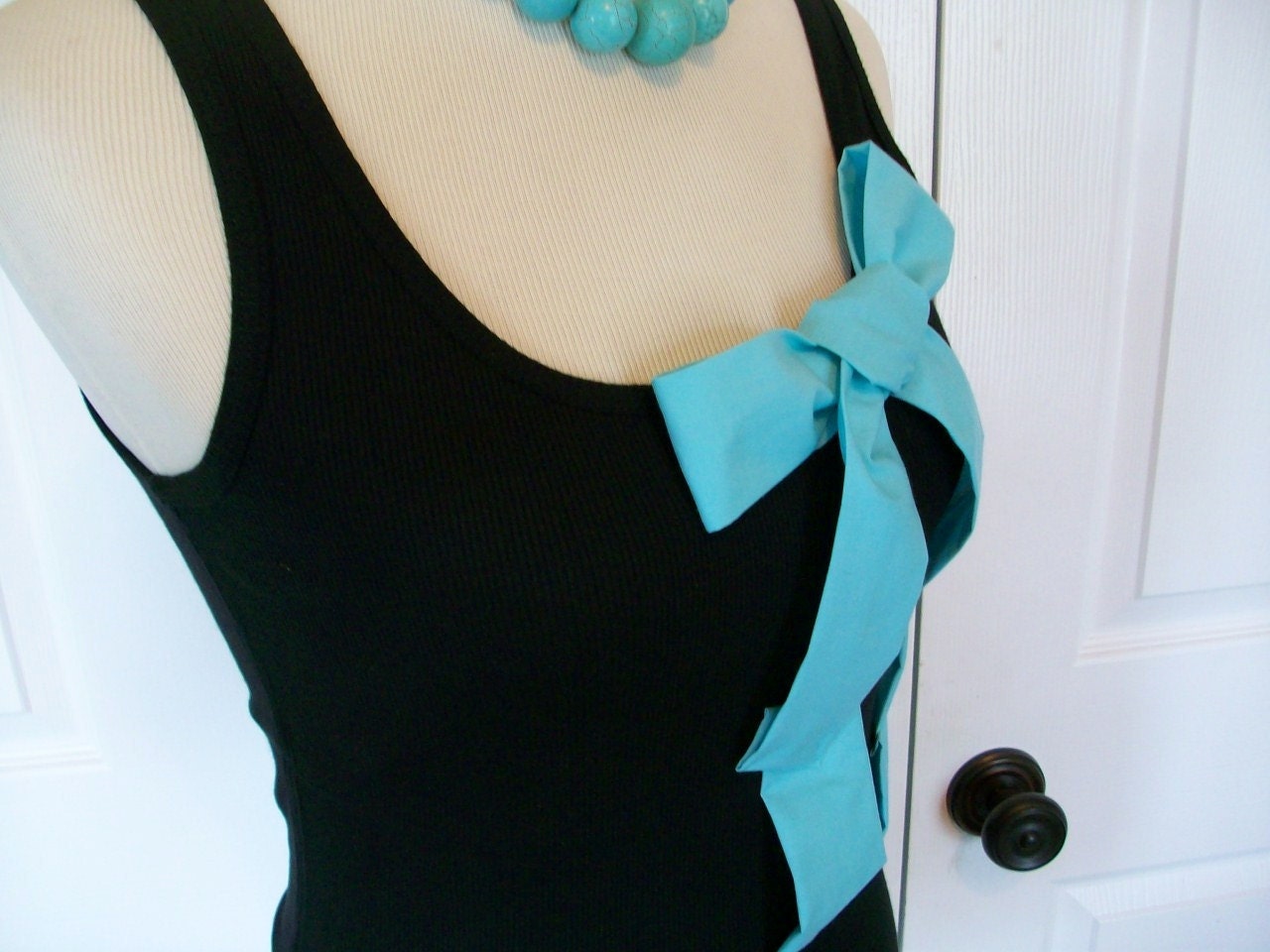 Embellished Black Tank Top with Fabulously Fun Turquoise Bow