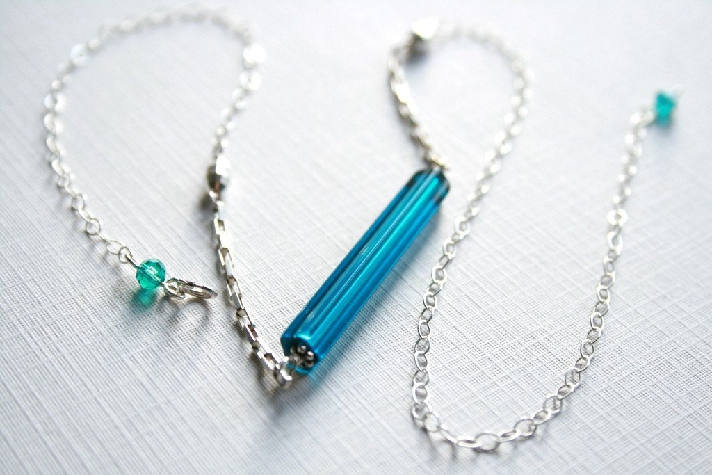Slim and Teal Necklace - stylish contemporary accessory with sterling silver square chain, luminous silver beads and long smooth glass tube
