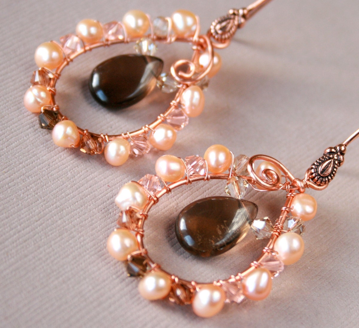 Pearl Dew Earrings with peach fresh water pearls, smooth smoky quartz drops, sparkly crystals and lacquered copper, gorgeous  accessory