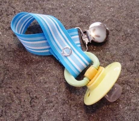 Pacifier Clip for Girls or Boys, Turquoise Blue and White Stripes
