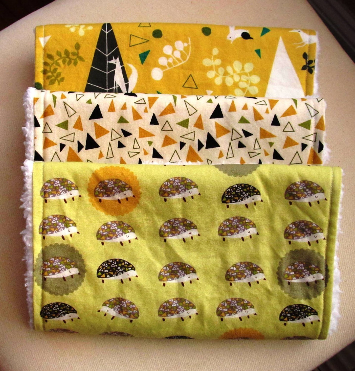 Set of 3, Baby Burp Cloths, Lizzy House, Outfoxed Outwitted Green and Yellow Unisex Boys or Girls