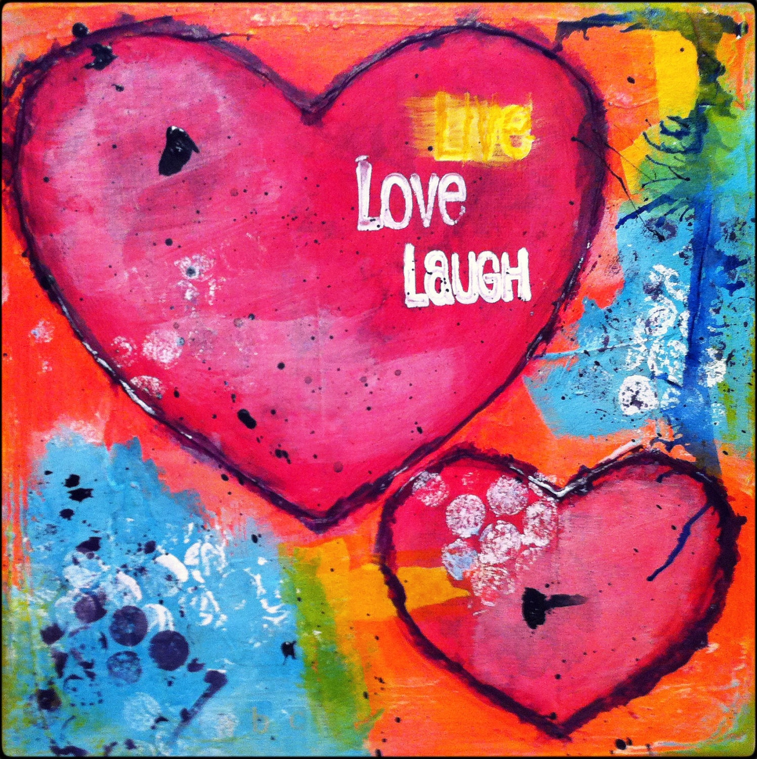 Original Mixed Media on Canvas - Painting Home Decor Artwork - Folk Art "Two Hearts"