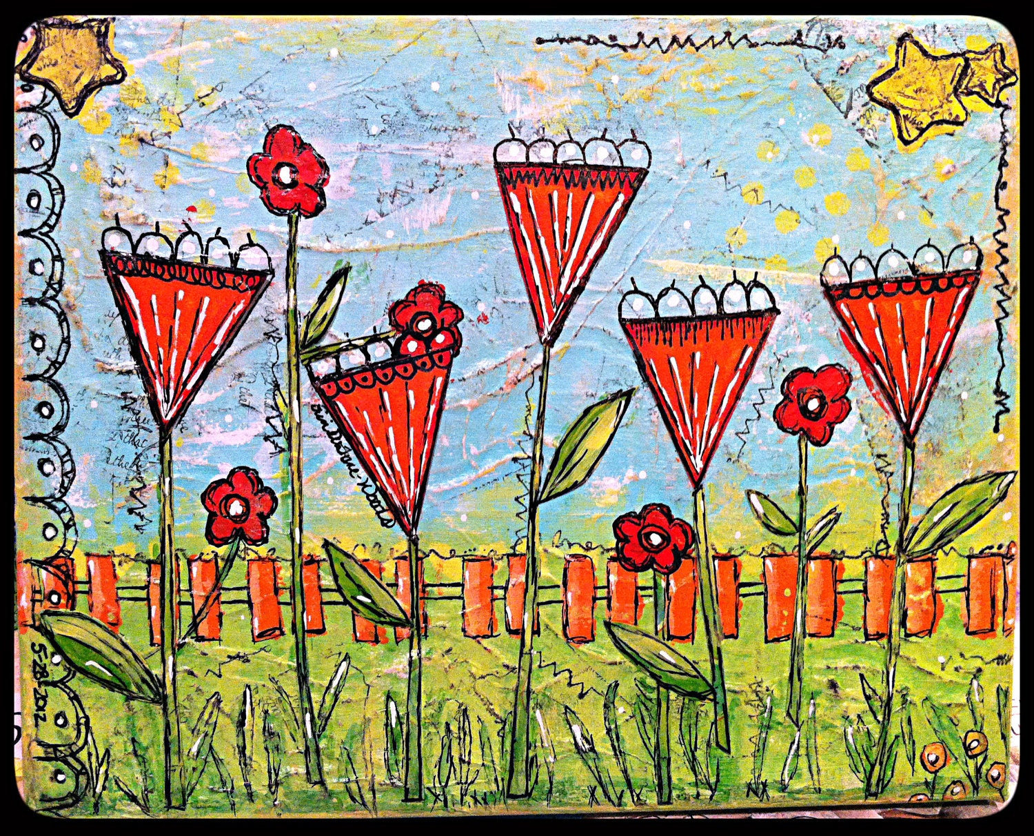 Original Mixed Media on Canvas - Painting Home Decor Artwork - Folk Art - Red Blossoms