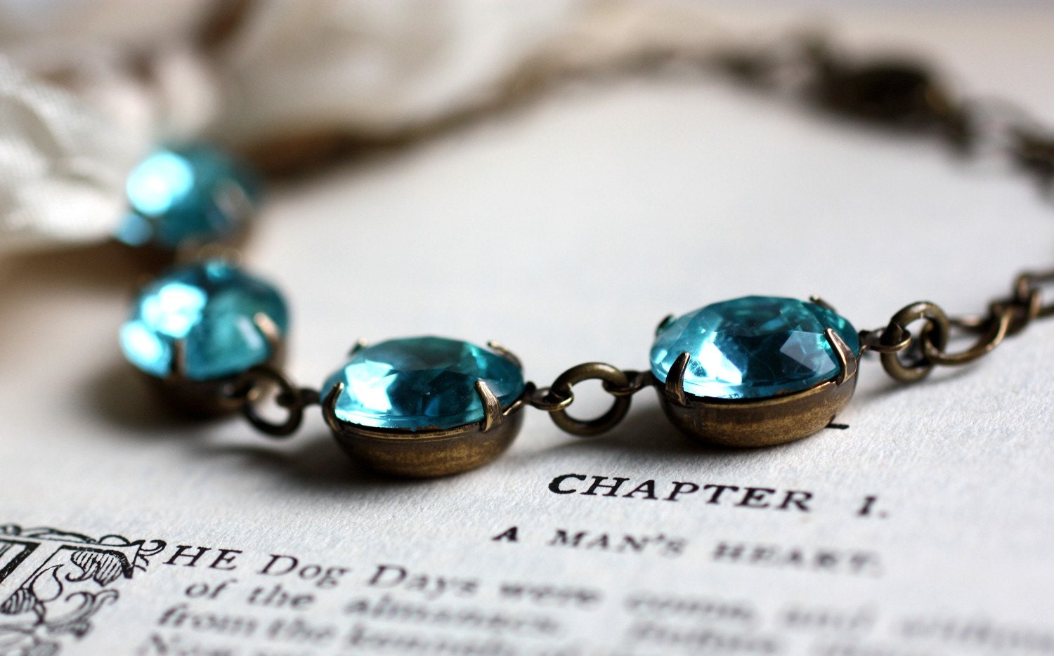 Something Blue. Vintage Aqua Jewel Bracelet with Ivory Ribbon. Blue Vintage Bracelet - The Duchess Aqua
