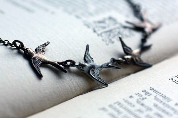 Bird Necklace with White and Antiqued Brass Birds. Flock Necklace - Be Yourself