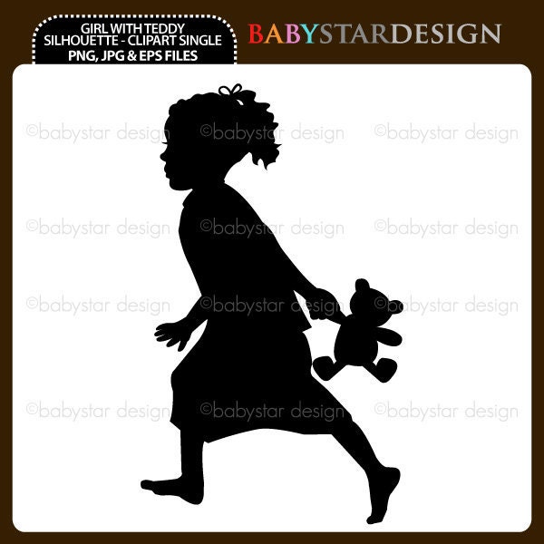 Girl With Teddy Silhouette - Clipart Single INSTANT DOWNLOAD - babystardesign