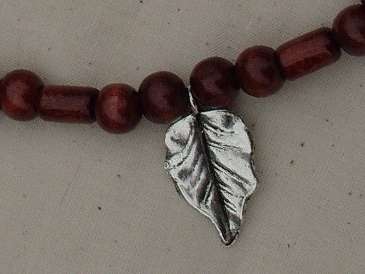 Wooden Bead Necklace with Silver Leaves