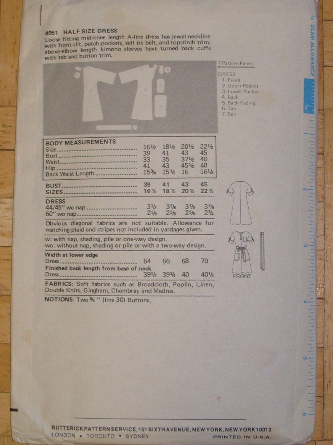 1970s Vingate Kimono Sleeve Pull-Over Dress - Butterick 4051