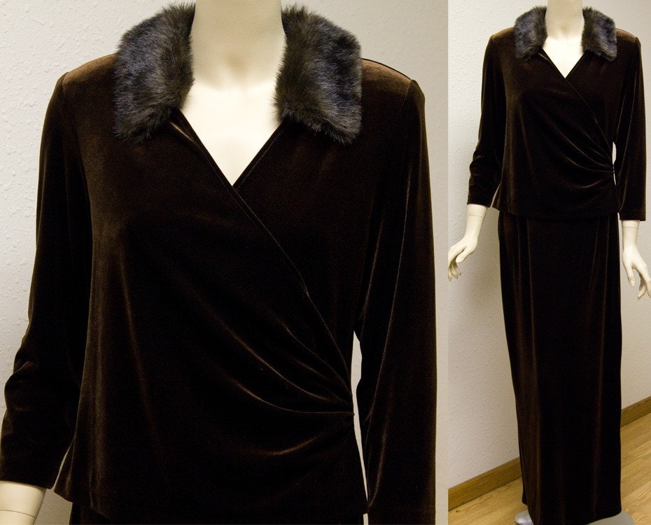 Vintage Patra gown stretch velvet with faux fur collar Sunset Boulevard