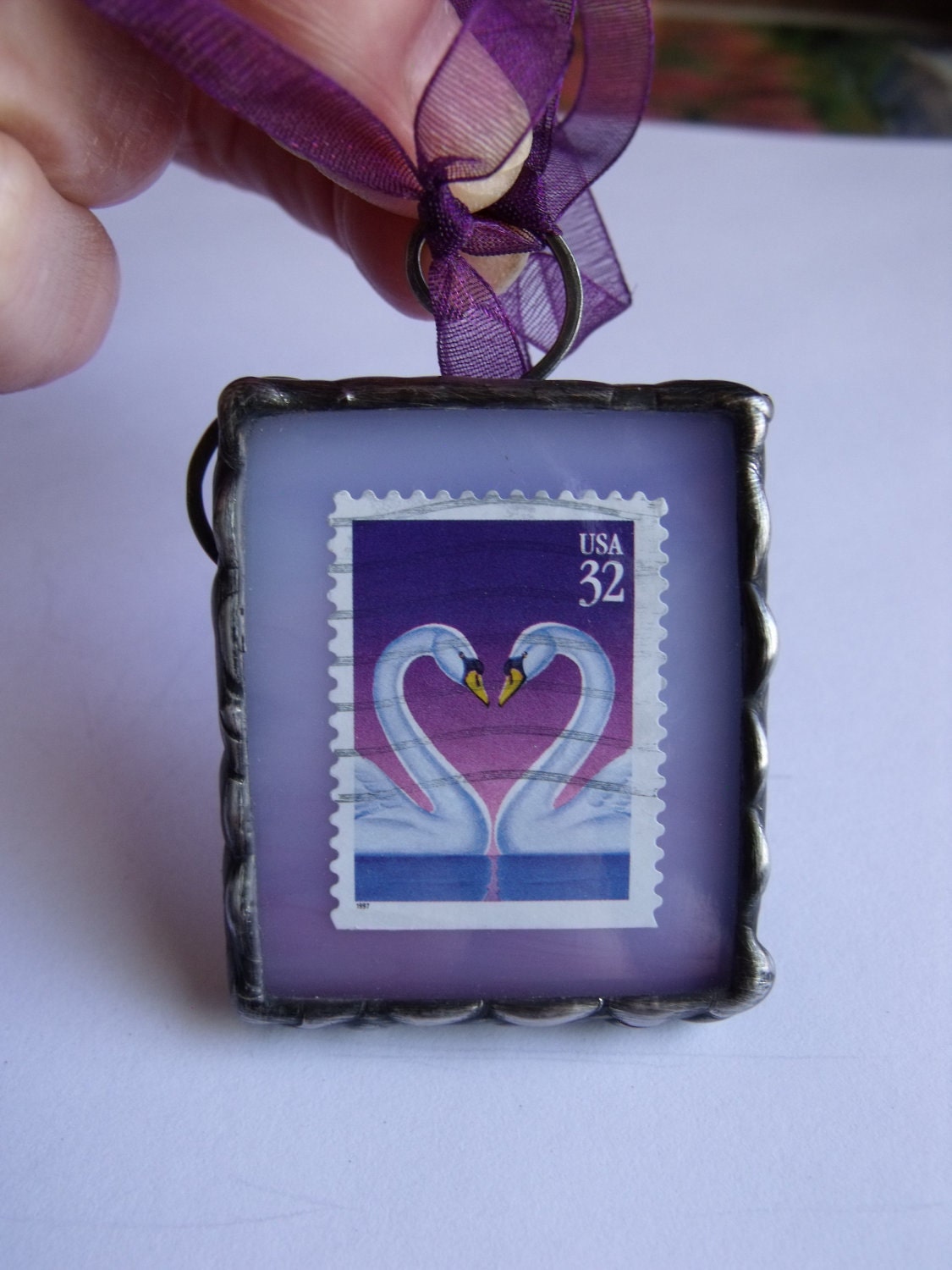 Swan Song Postage Stamp Stained Glass Keepsake Ornament