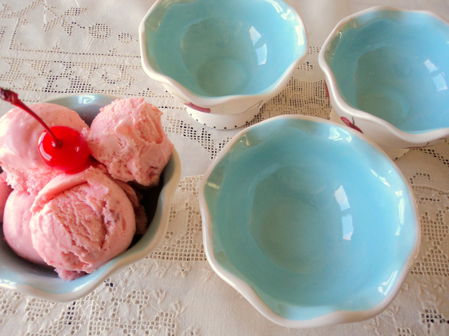Reserved for H5M118- Hand Painted Ice Cream Cups with Cherries