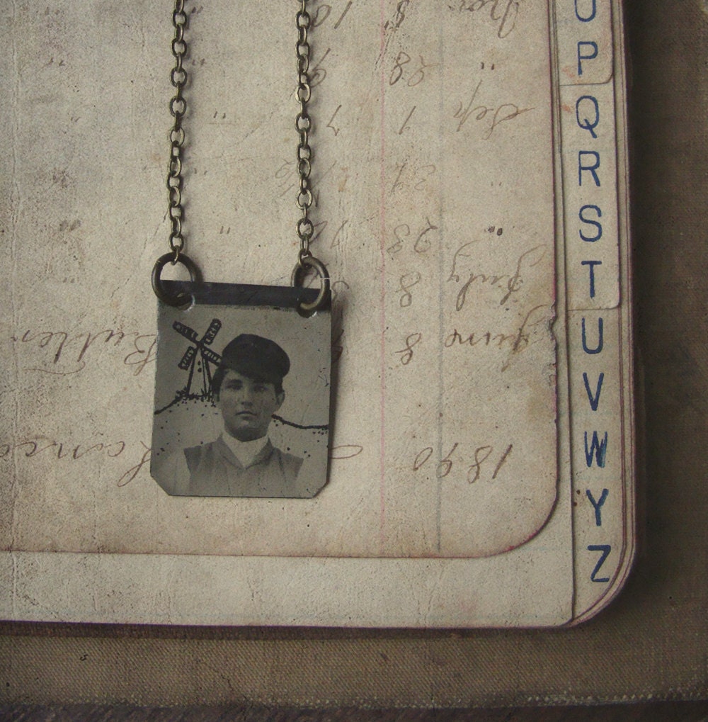 OOAK Altered Tintype Necklace with Hand-Drawn Windmill - Hans and the Windmill
