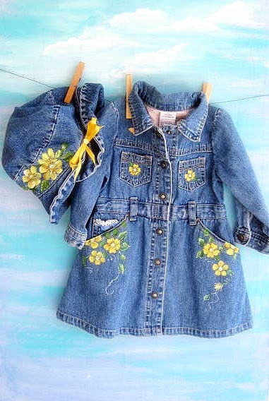 Two Piece Outfit for Baby, Dress, Denim, Wedding, Baby, Hat, Painted, Daisies, Blue, Yellow, 12 months, by mailordervintage on etsy