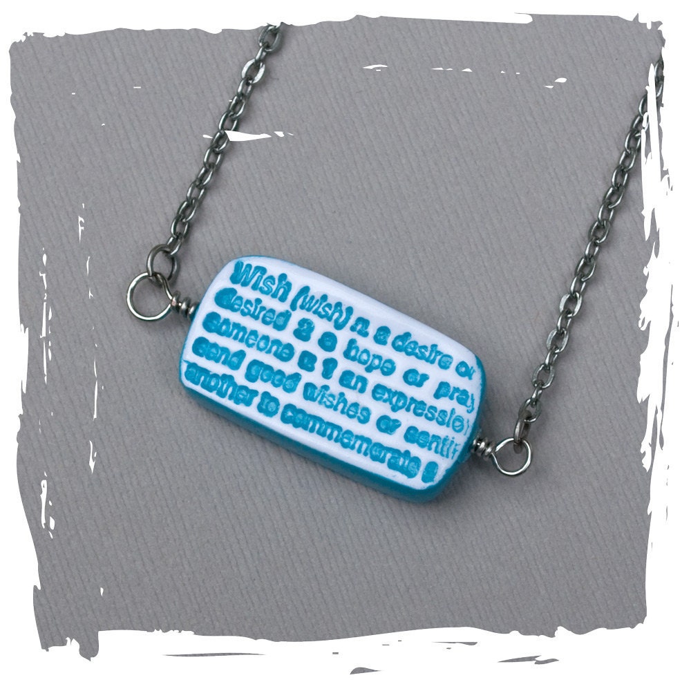 Word Necklace, Turquoise and White Flower Necklace and the Word Wish on a Double Sided Pendant Necklace with Antique Silver Chain