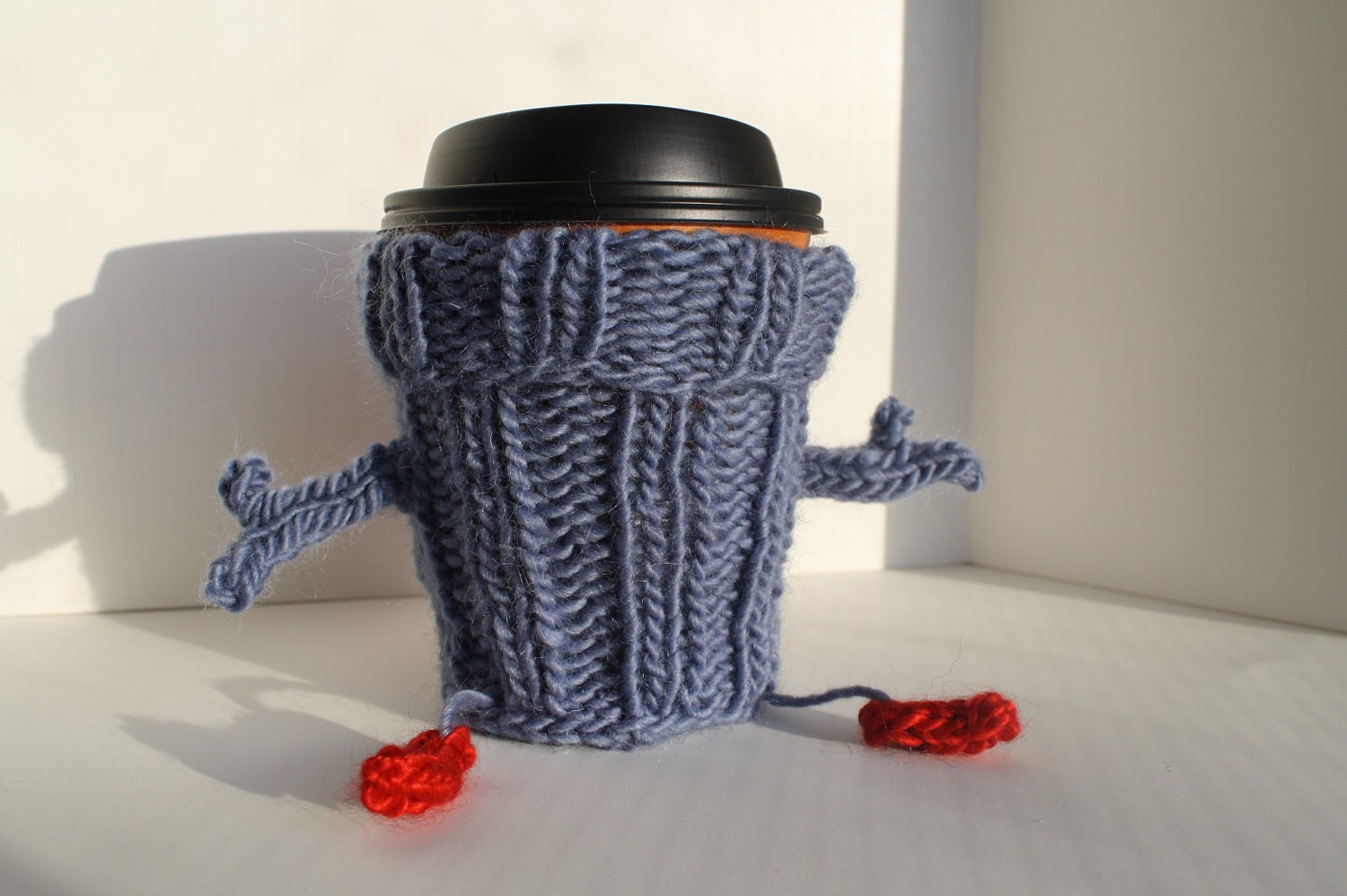 Ready to Ship Hand Knit Blue and Ruby Red Super Hero Frienzy Cup Cozy