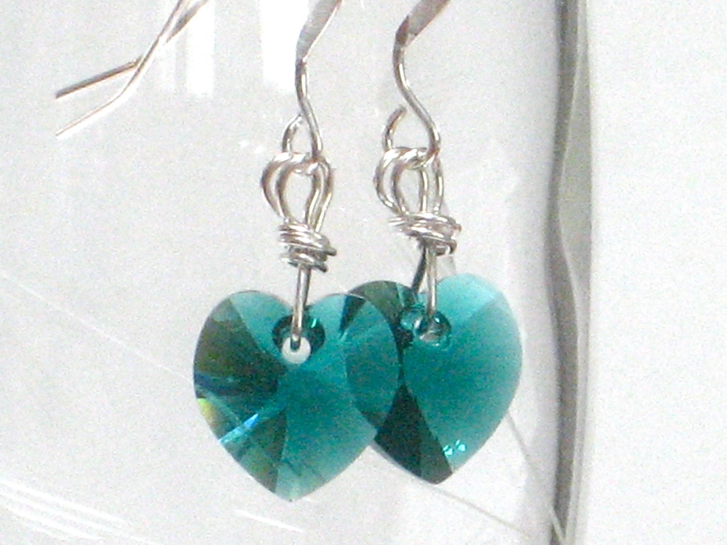 Emerald Green Earrings, Swarovski Heart Pendants May Birthday Sterling Silver Wire Wrapped Gift Under 20 - Irish Love