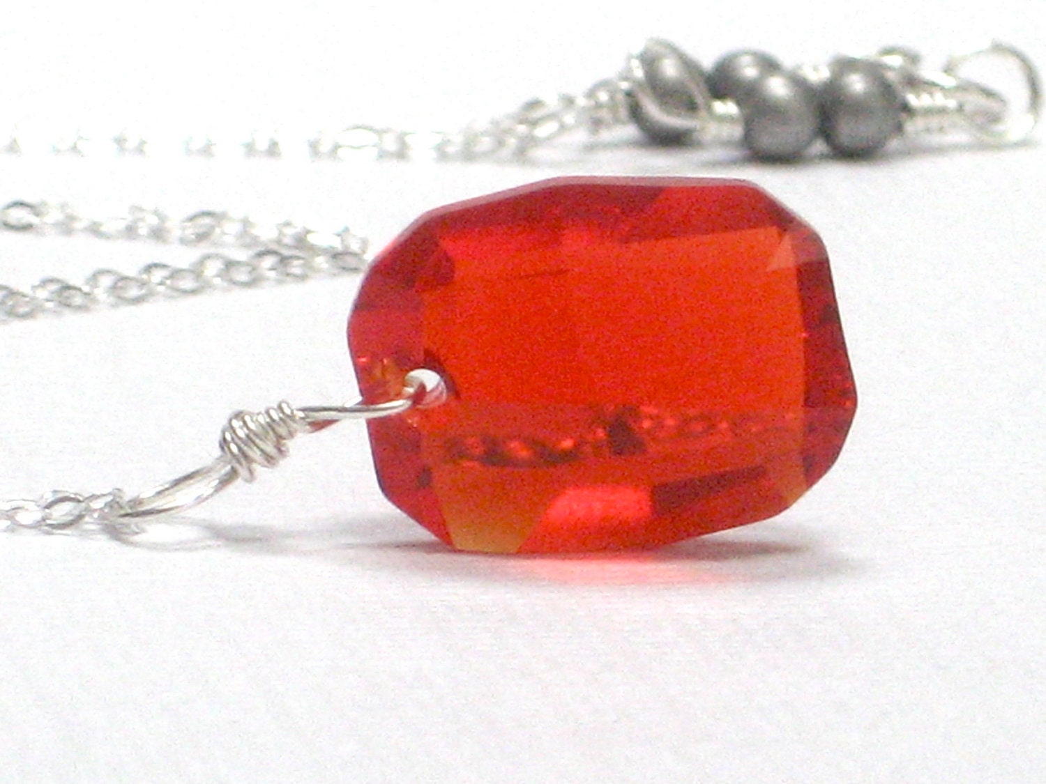 Swarovski Red Pendant, July Birthday Red Crystal Minimalist Necklace Sterling Silver Square Bright Bold Summer- Red Hot