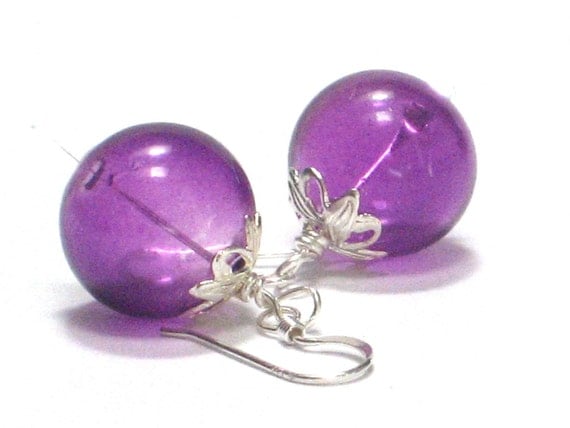 Purple Earrings, Grape Hand Blown Glass Sterling Silver Dangle Earrings Bright Summer Fashion Under 25- Jelly