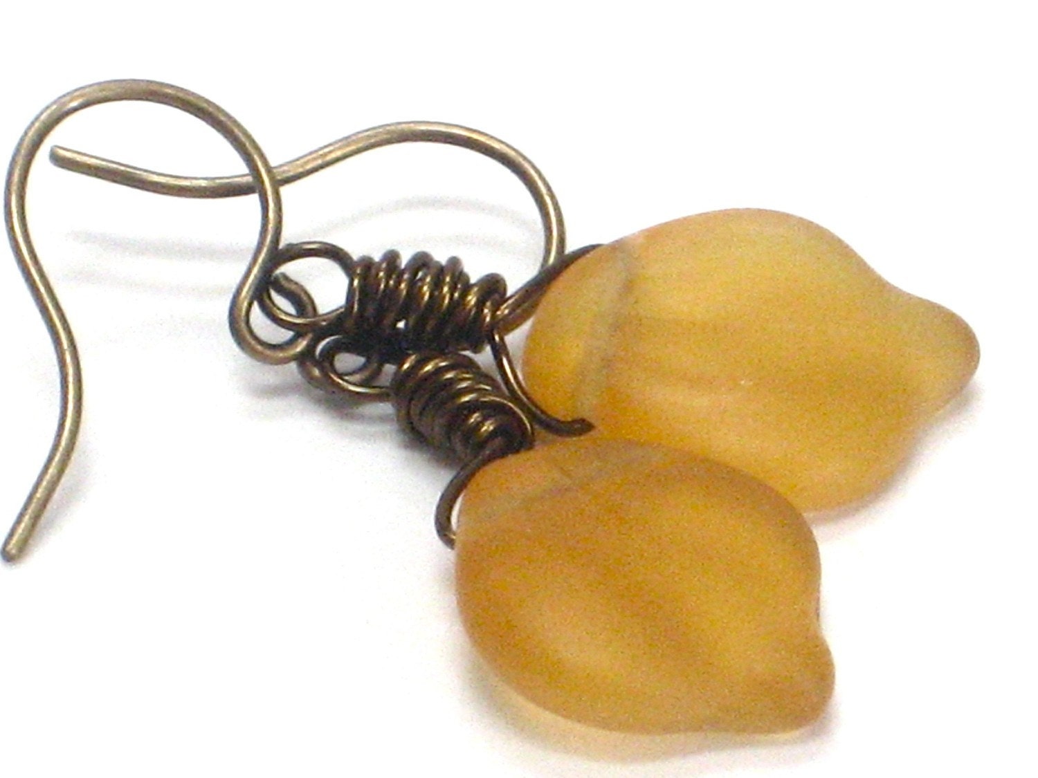 CLEARNACE Leaf Earrings, Amber Earrings Mustard Yellow Leaves, Fall Fashion Harvest Jewelry,Minimalist Brandy Antiqued Brass,