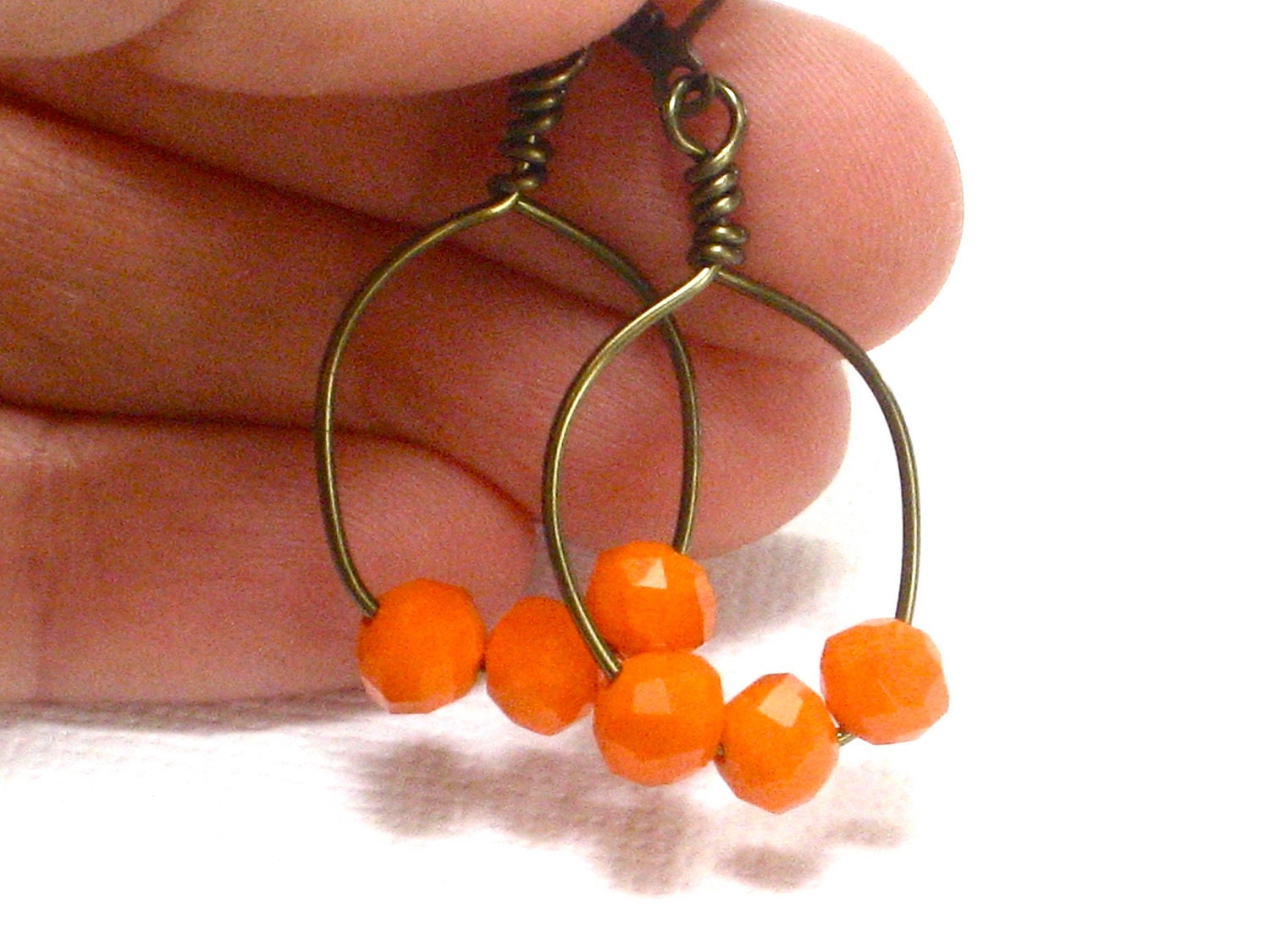 Tangerine Earrings, Handcrafted Antiqued Brass Hoop Earrings Spring Fashion Under 15 - Ripe Orange