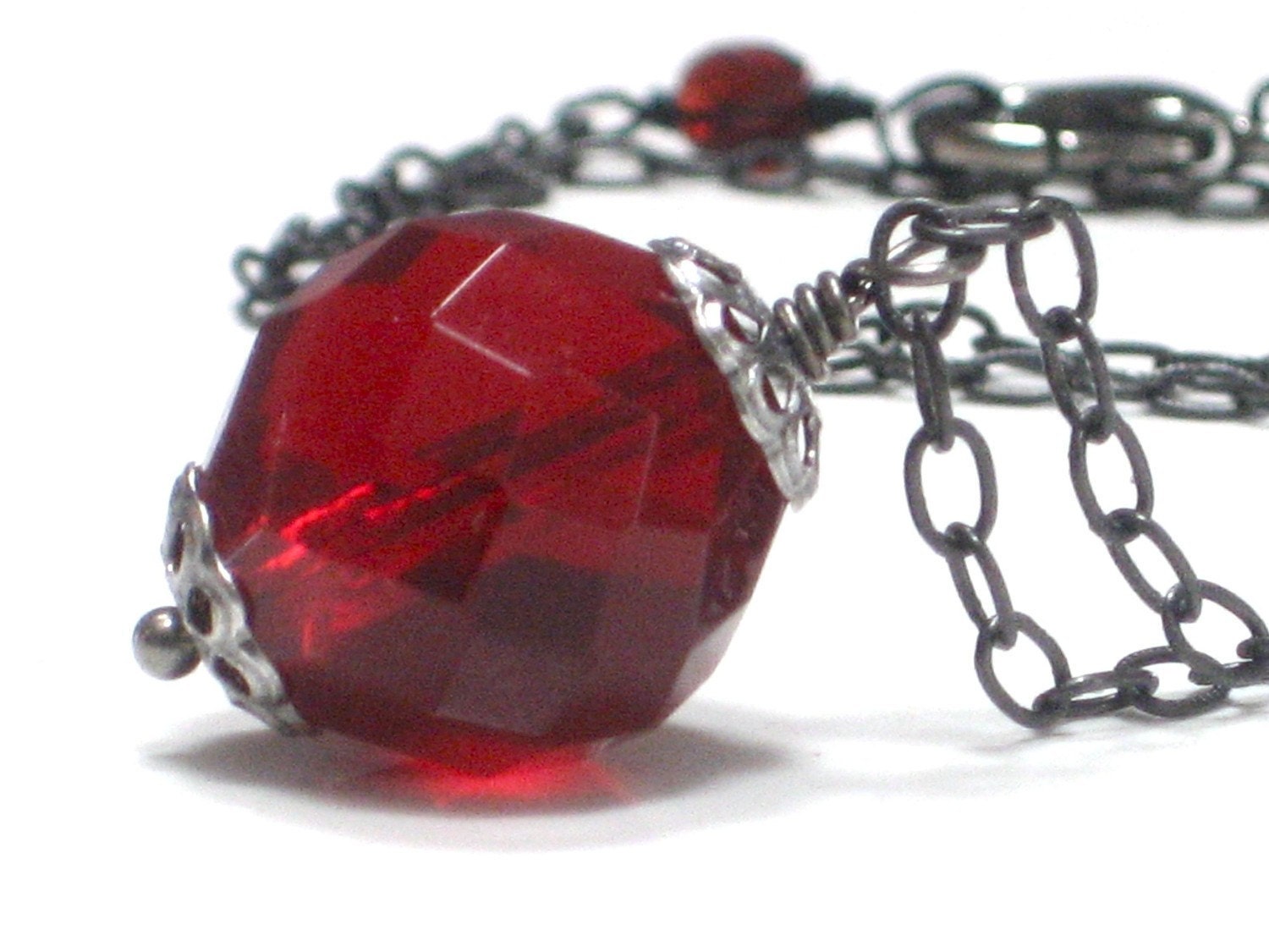 SALE Red Necklace, Big Bold Red Crystal Pendant Holiday Inspired Gunmetal Chain - Cherry