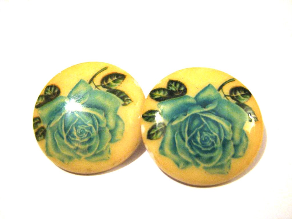 Huge Vintage Western Germany Blue Rose Painted Clip Earrings