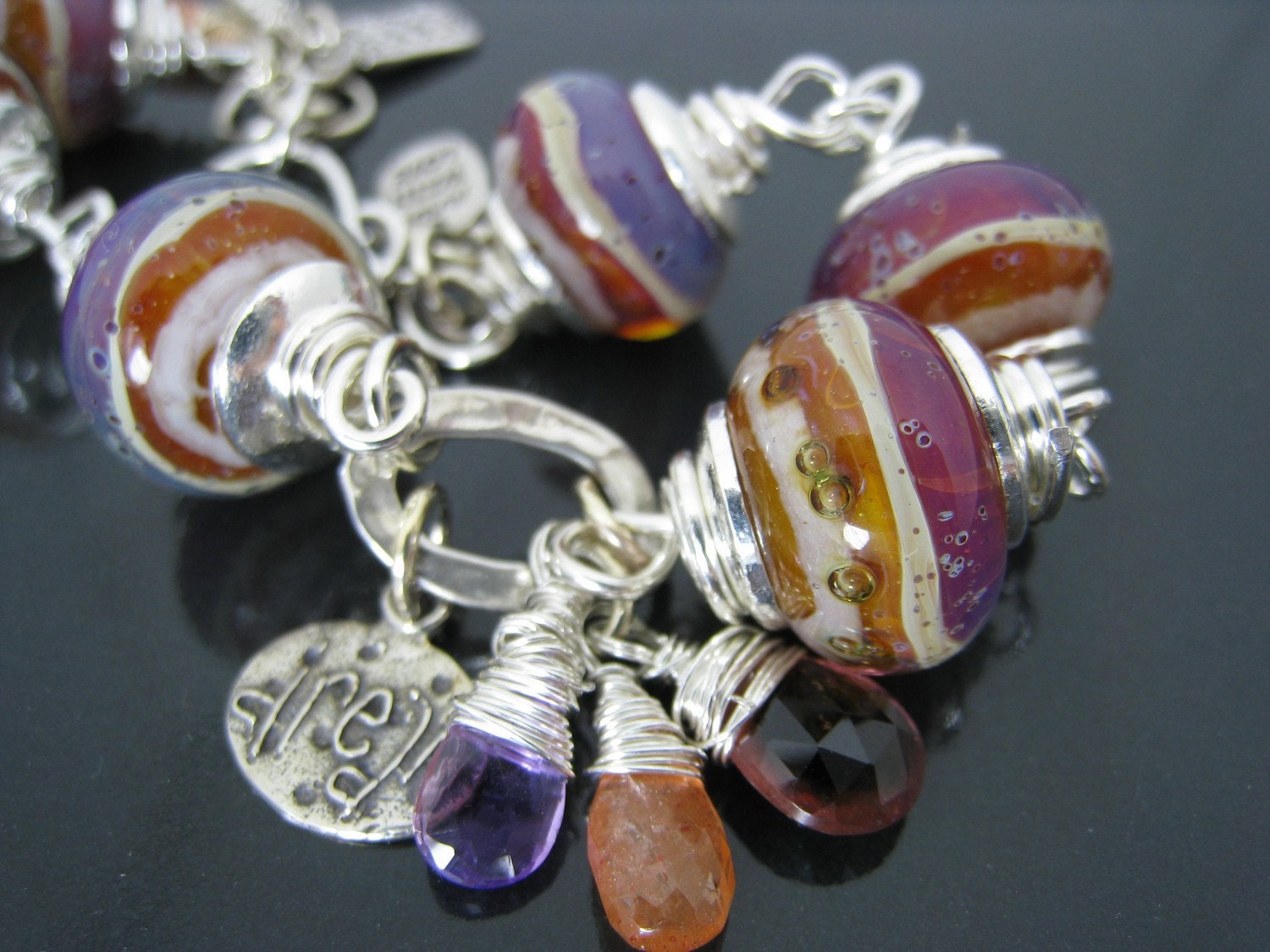 Boardwalk... Sterling Silver Wire Wrapped Lampwork Glass BRACELET