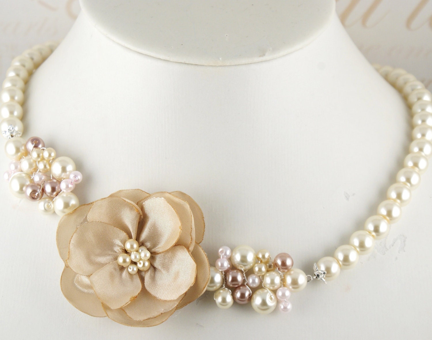 Bridesmaids necklace in your color scheme with Dupioni Silk Flower and Czech Pearls- Gentle Bloom