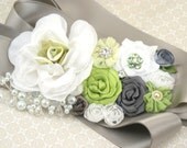 Bridal Sash in Lime Green, White, Silver and Grey with Handmade Flowers, Pearls, Crystals and Jewels- Shannon