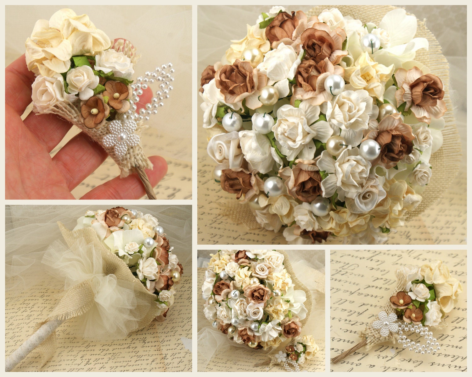 Bridal Bouquet- Paper, Fabric and Pearl Bouquet Shabby Chic Rustic Wedding in Ivory, Cream and Champagne - SolBijou