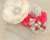 Bridal Hair Comb Fascinator in Ivory and Hot Pink with Handmade Satin Flowers, Jewels, Crystals and Czech Pearls