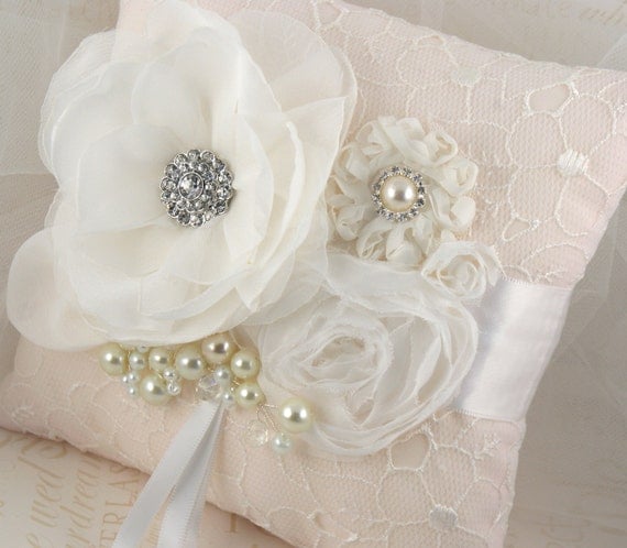Bridal Ring Pillow White, Cream and Ivory with Lace and Chiffon Flowers, Jewels and Pearls- Lea