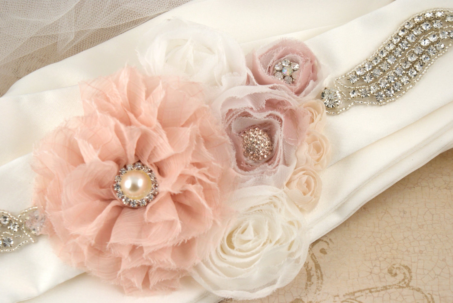 Bridal Sash - Wedding Sash in Blush Pink, Cream and Ivory with Chiffon, Jewels, Crystals and Rhinestones - Cristal