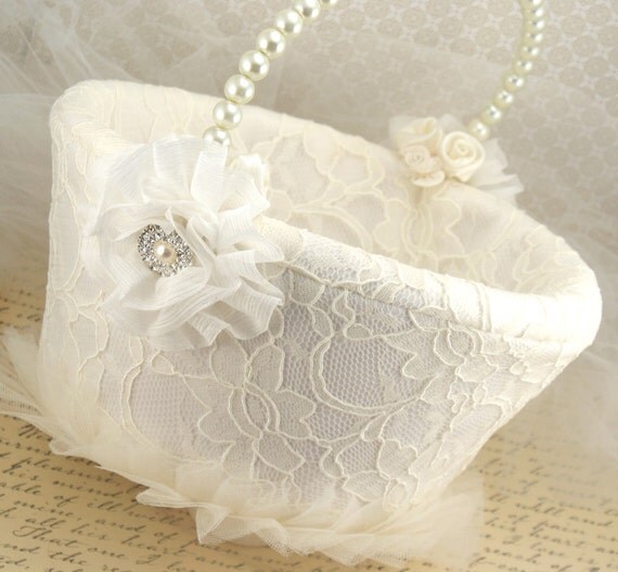Large Flower Girl Basket Bridal Basket in ivory Lace by SolBijou