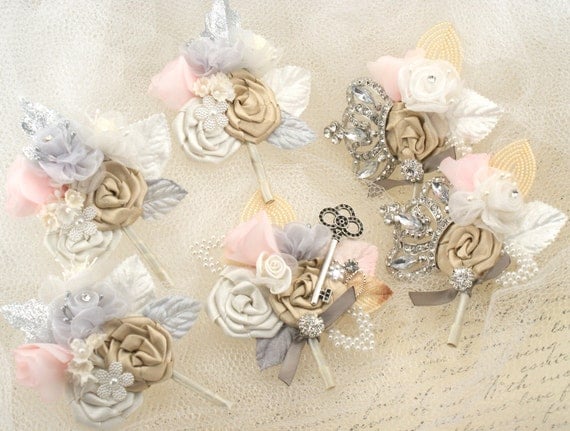 Boutonnieres - Set of 6 Groomsmen, Fathers of the Bride Boutonnieres, and Groom Boutonniere in Champagne, Ivory, Blush Pink and Grey