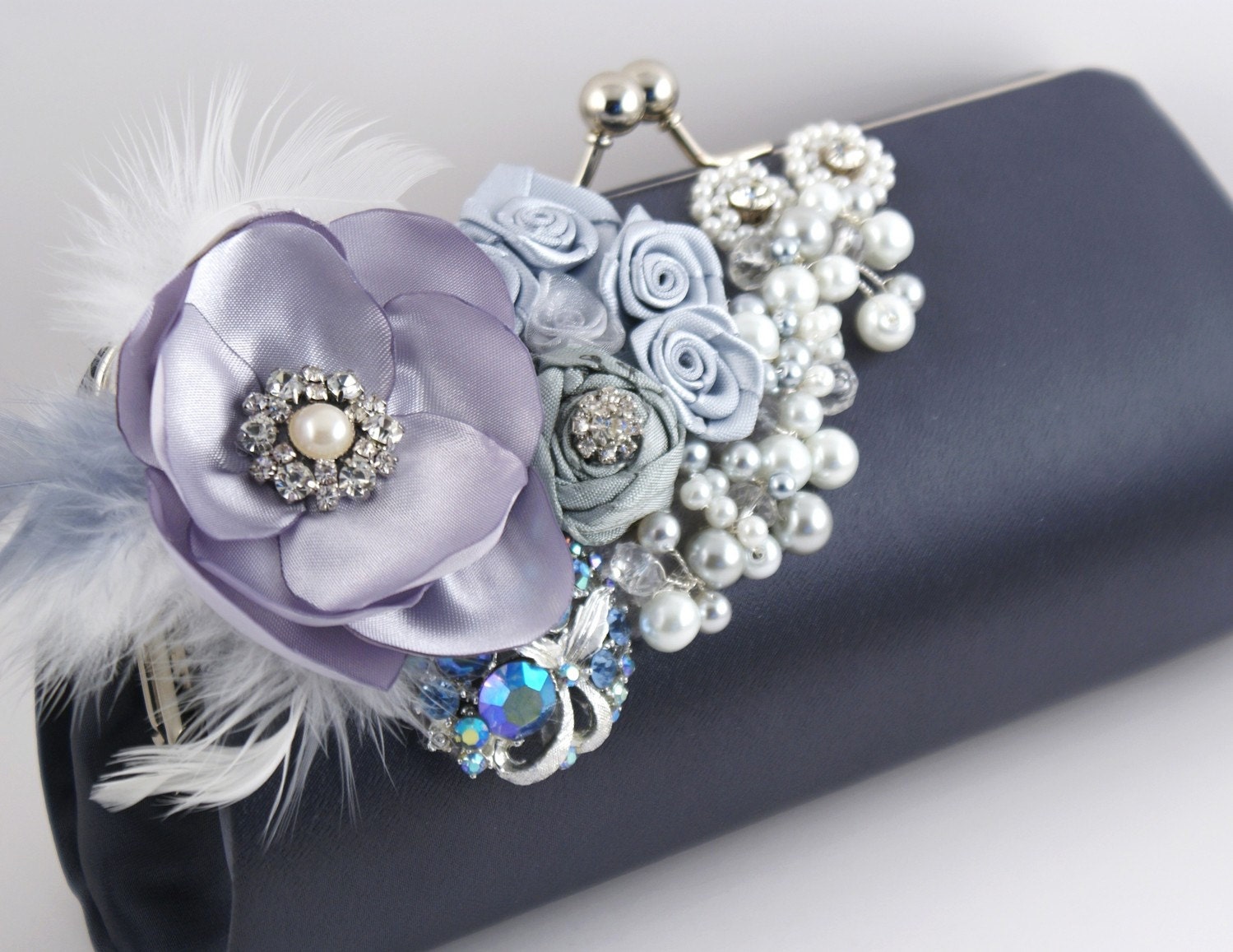 Glamour in Dark Gray and Silver - Statement Bridal Clutch with Repurposed Vintage Brooches, Pearls, Plums and Satin Flowers