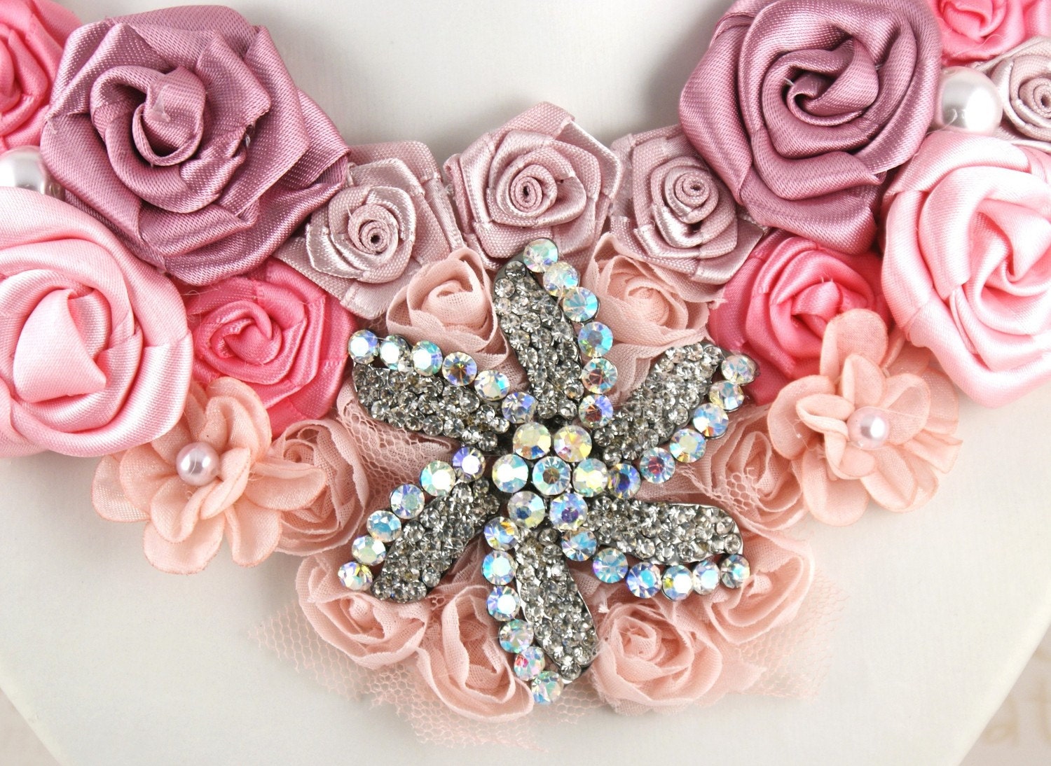 Bridal Statement Necklace Blush Pink with Handmade Satin Flowers and Aurora Borealis Repurposed Brooch - Passion for Pink