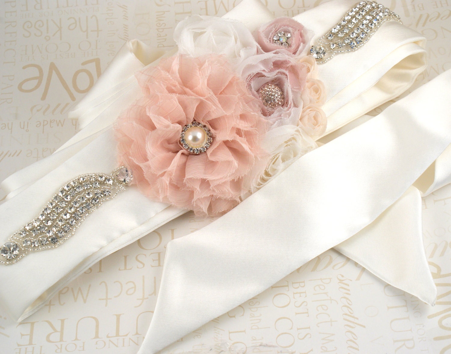 Bridal Sash - Wedding Sash in Blush Pink, Cream and Ivory with Chiffon, Jewels, Crystals and Rhinestones - Cristal