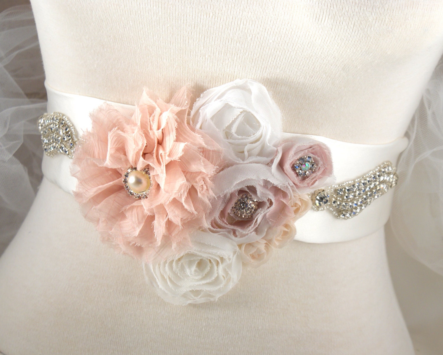 Bridal Sash - Wedding Sash in Blush Pink, Cream and Ivory with Chiffon, Jewels, Crystals and Rhinestones - Cristal