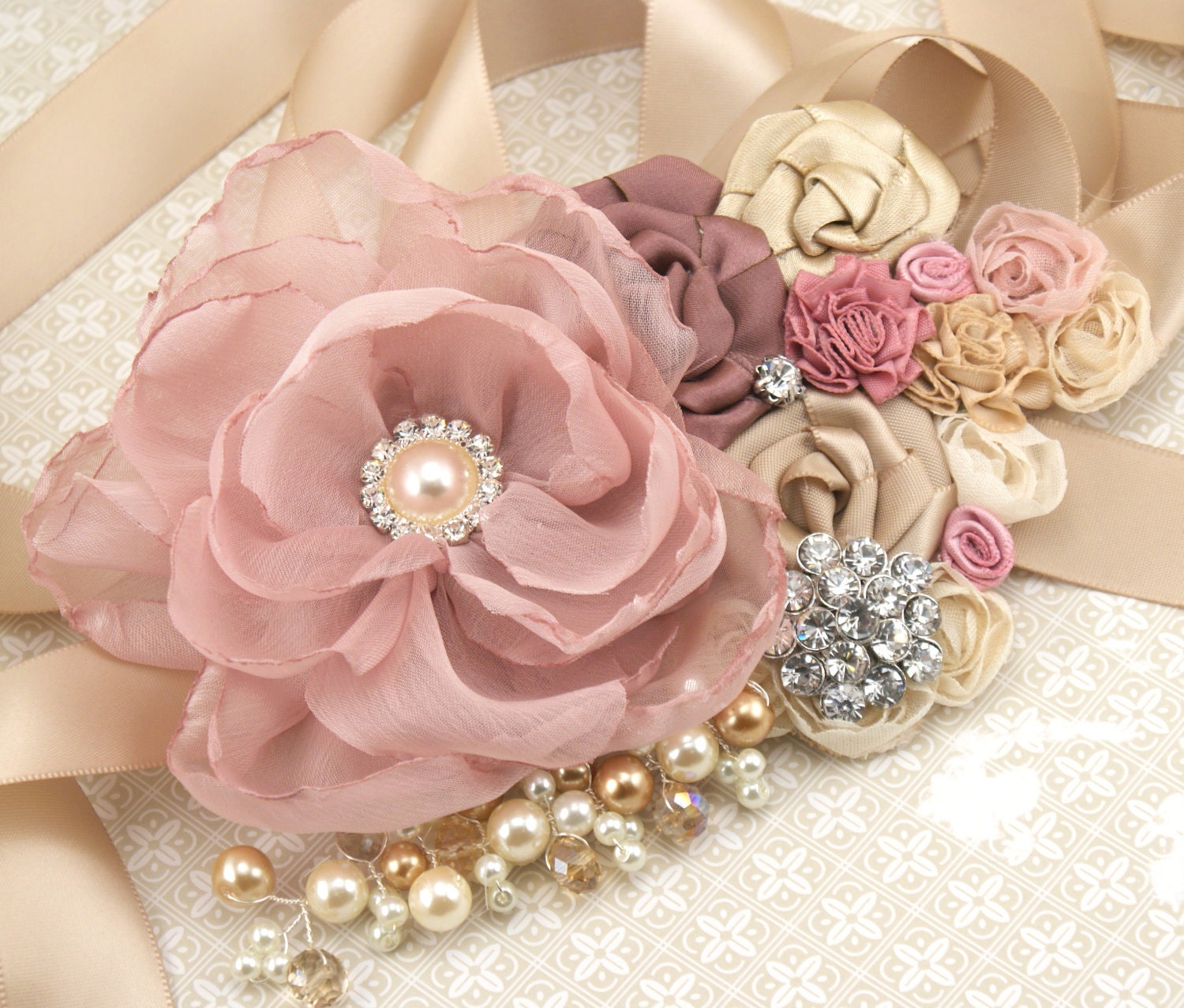 Bridal Sash- Wedding Sash in Dusty Rose, Rose, Champagne and Gold- Vintage Escape