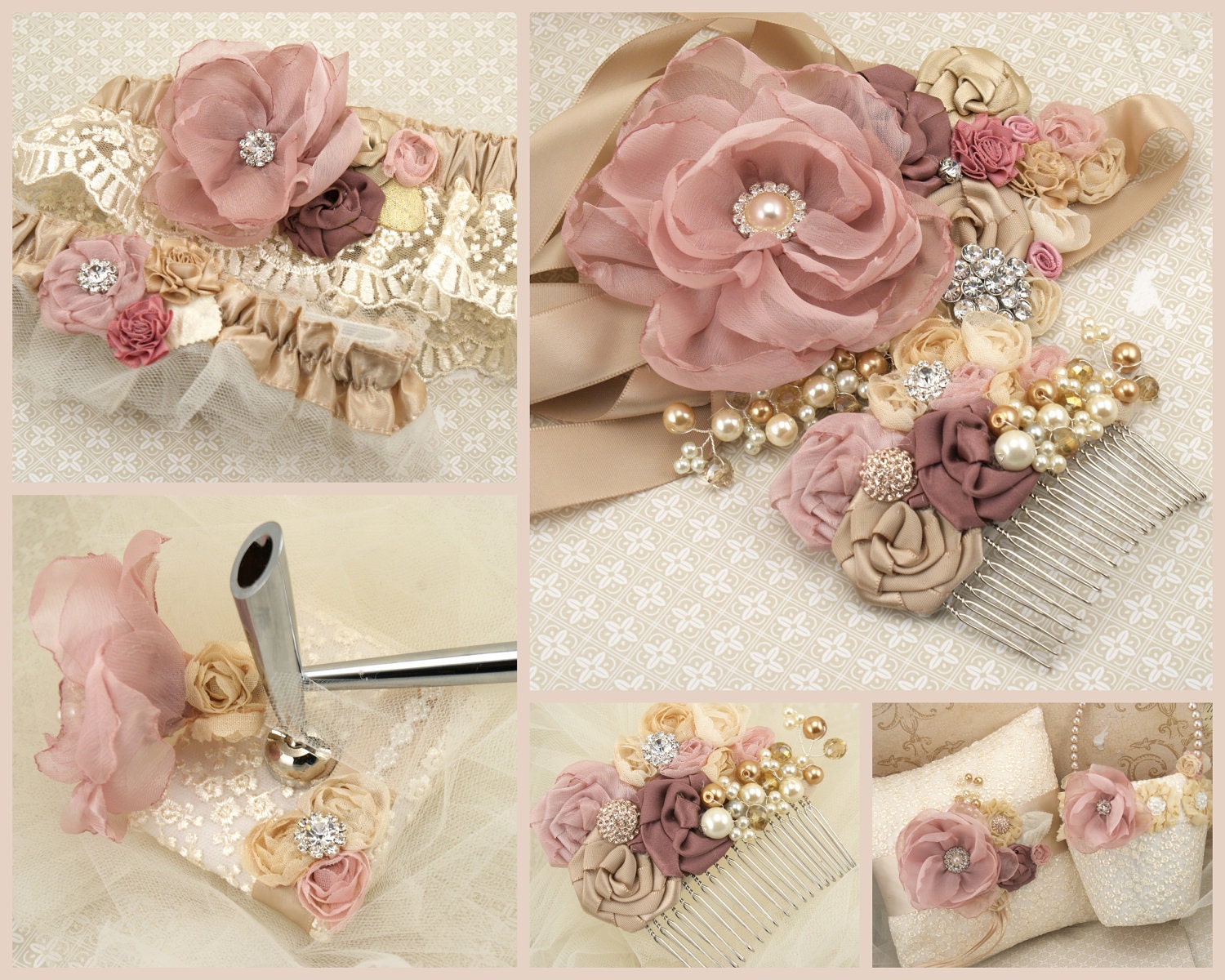 Bridal Sash- Wedding Sash in Dusty Rose, Rose, Champagne and Gold- Vintage Escape