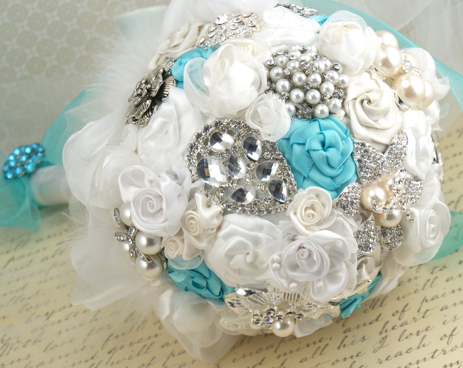 Brooch Bouquet Wedding Bouquet Bridal Bouquet in Ivory, Tiffany Blue and White